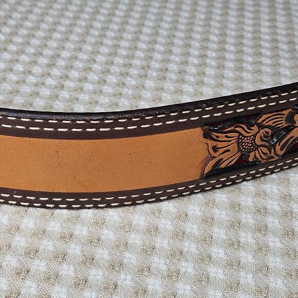 Circle Y Sunflower Distressed Filigree Red Accents Removable Buckle Leather Belt main image 3